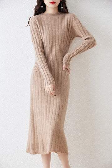 Getadme 100% Merino Wool Sweater Dress  Autumn And Winter New Women's Striped Round Neck Pleated Skirt Pullover